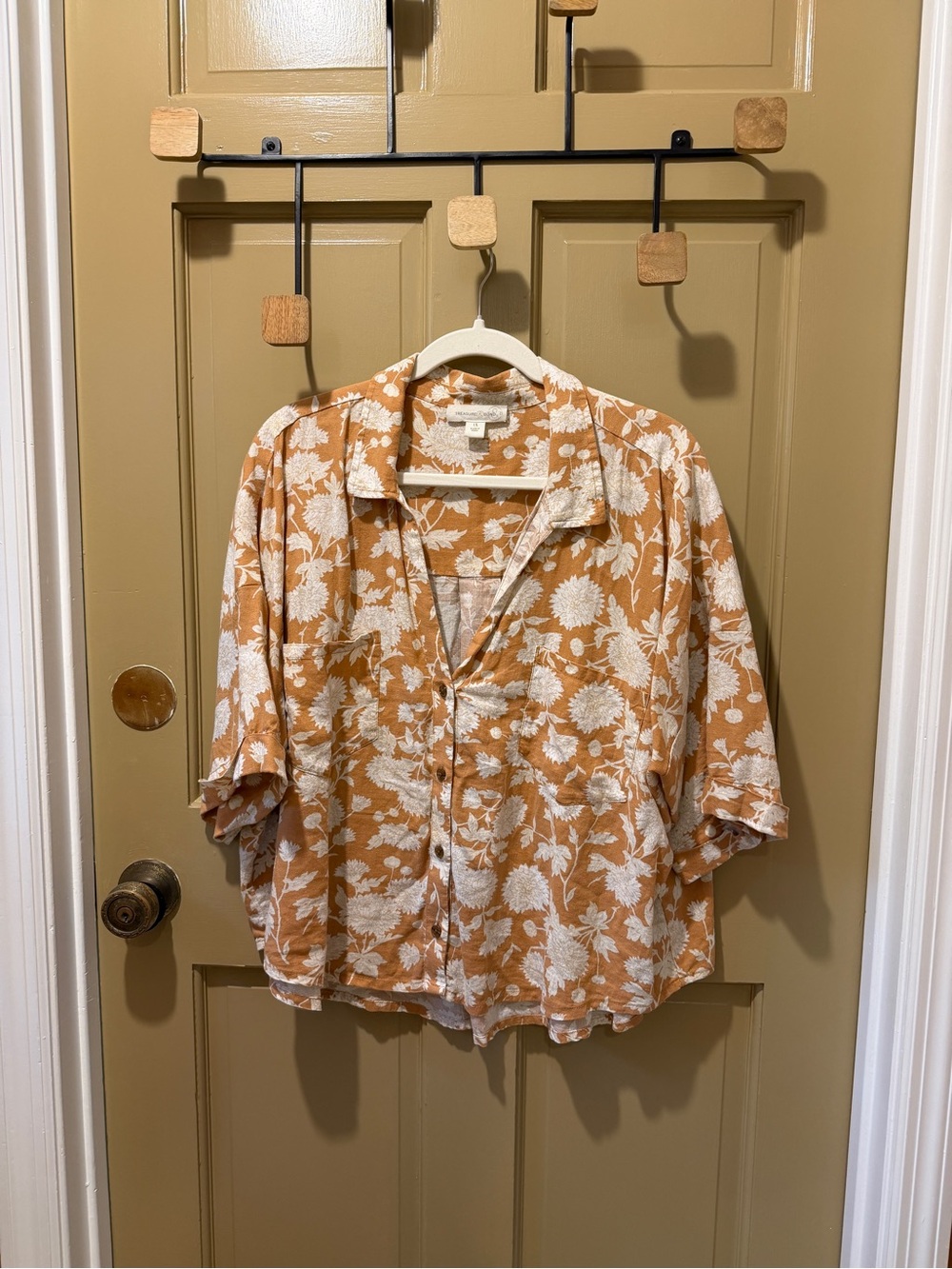 Relaxed floral block print boxy button down linen blend top